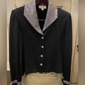 St. John Black Sweater  with sequin Collar and sleeves with jeweled Buttons